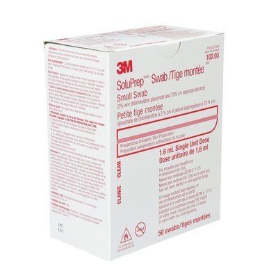 3M 10203 - SoluPrep  Swabsticks 2% CHG 70% ISO Alc, Clear Solution , BOX/50EA., BX/50