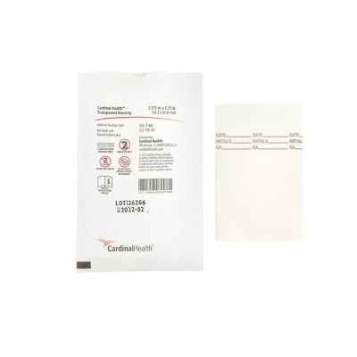 Cardinal Health TD-20 - Transparent Film Dressing, 2.38in x 2.75in, First-Aid Style, Water Resistant, Thumb Tab, Acrylic Adhesive, BX 100