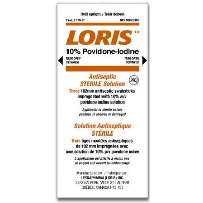 Loris 119-01 - Loris 10% Povidone-Iodine Antiseptic Swabstick, 102mm, Sterile, 3-pack, CS 500