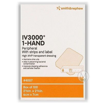 Smith&Nephew 4007 - OpSite IV3000 High Moisture Film Catheter Dressing, Transparent/6cmX7cm, BX 100